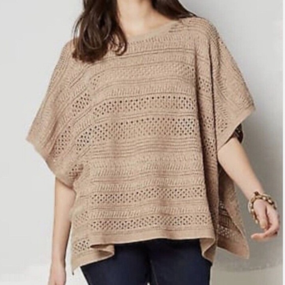 J. Jill Light Open-Stitch Poncho Sweater Cotton Blend Tan Beige sz S-L - Picture 1 of 11